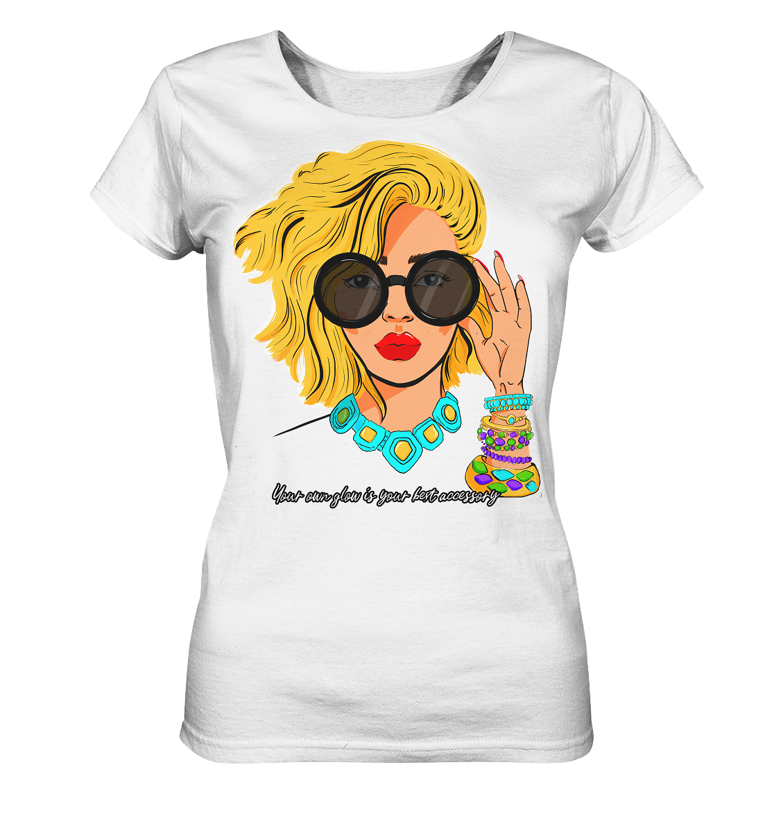 T-Shirt -mit- kunstvollem -Print -Women -fashion Face-T-Shirt-in-weiss-mit-Women-Face-your-own-glow-is-your-best-accessory