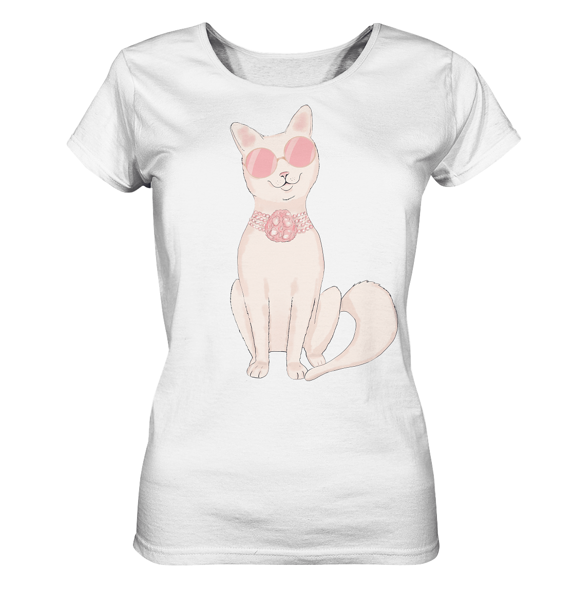 Katze Damen T-Shirt mit Katze in runder Sonnenbrille und Perlen Halskette in rosa Tönen von Bloominic in weißer Farbe