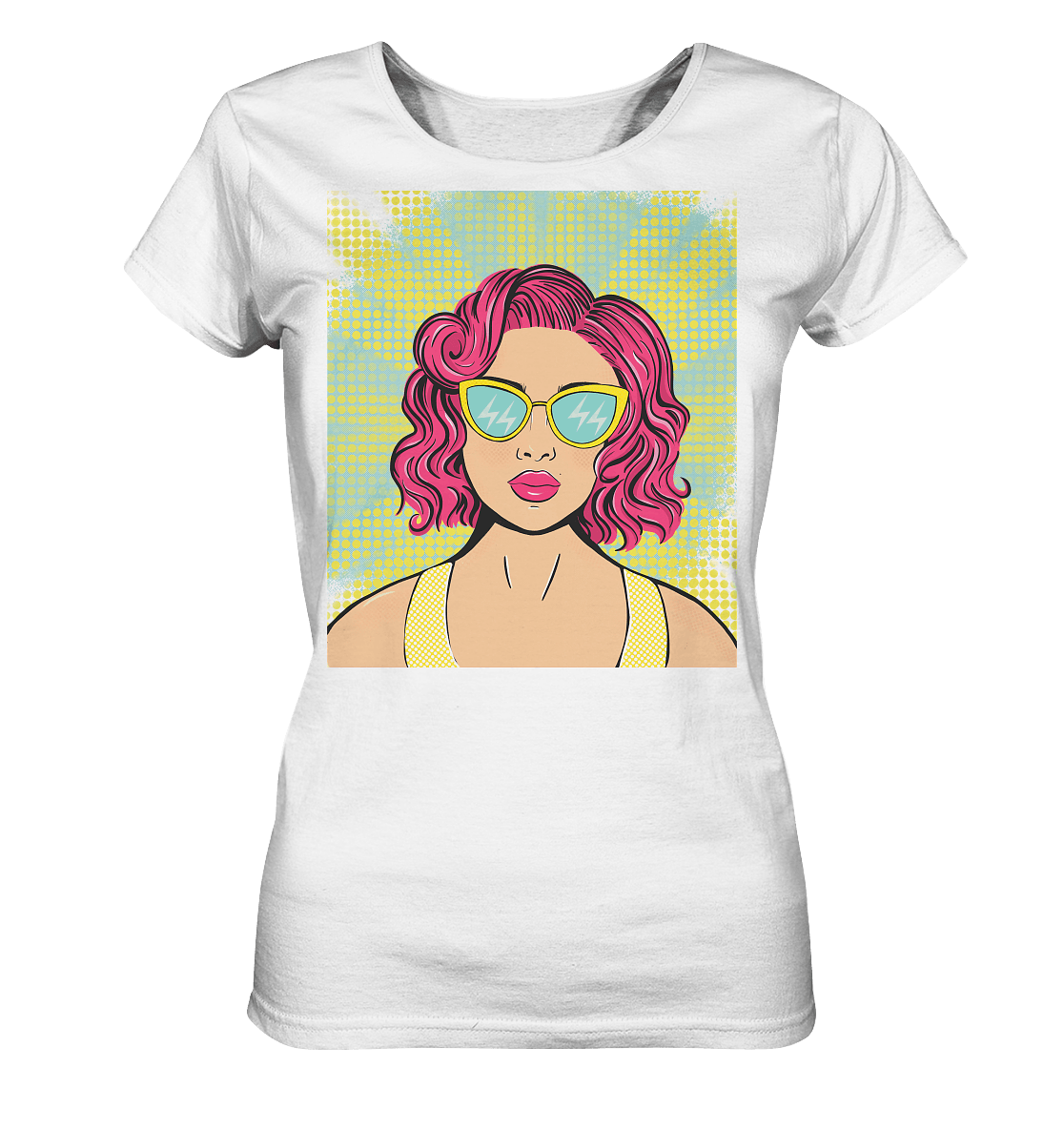 weisses T-Shirt mit Bloominic Design im Pop Art Style Comic Style Pop Art Retro Rosa Haare