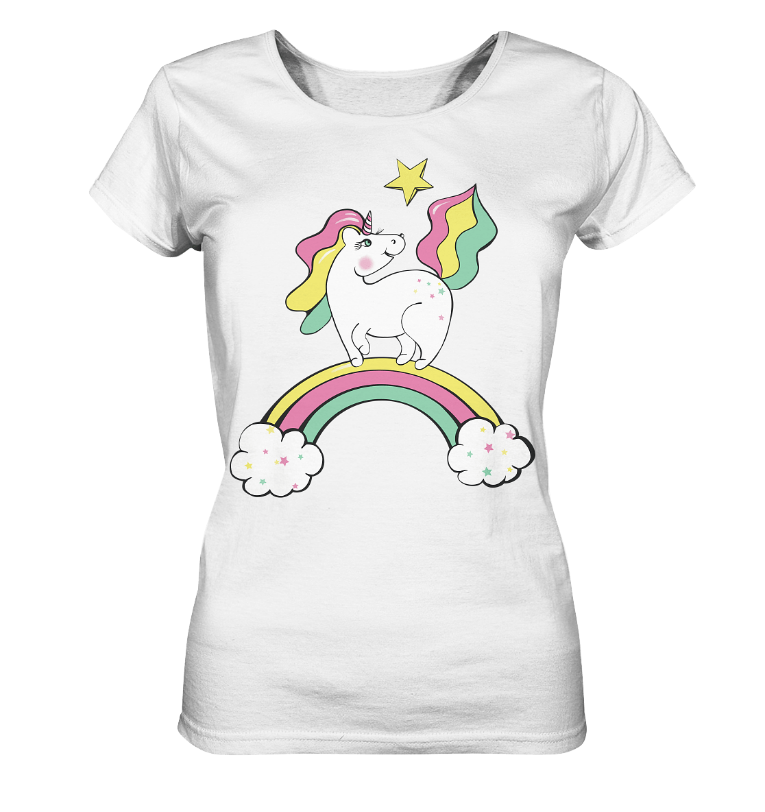 einhorn t shirt in weiß mit Einhorn Zeichnung auf dem Regenbogen von Bloominic