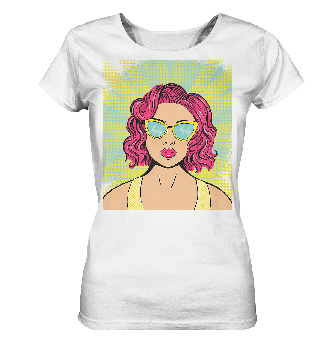 Damen T-Shirt mit Pop Art Design Damen T-Shirt bedruckt mit handgezeichneten Pop Art Design. T-Shirt mit bunten Comic Pop Art Style Print. 