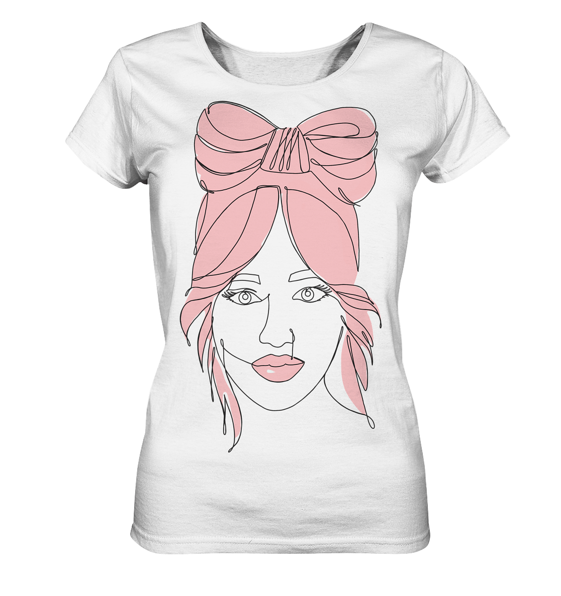 One Line Woman Face Damen T-Shirt mit  Monolinie-Design Frauengesicht mit rosa Farben moderne abstrakte Kunstgesicht 