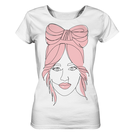 One Line Woman Face Damen T-Shirt mit Monolinie-Design Frauengesicht mit rosa Farben moderne abstrakte Kunstgesicht