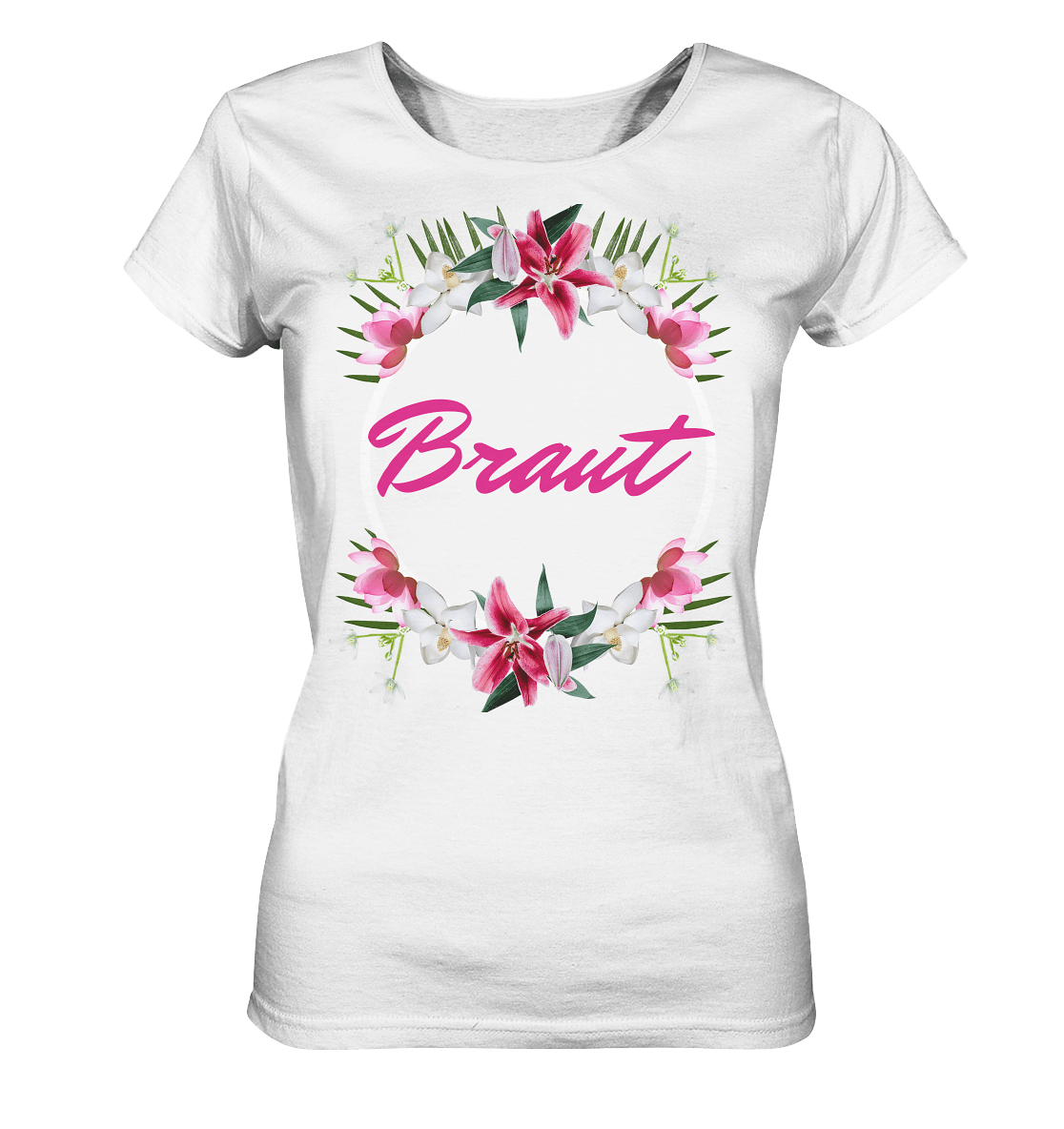 Damen  T-Shirt in weiß mit Beschriftung "Braut“ Damen T-Shirt mit Beschriftung "Braut“. Super Idee für die Braut und die JGA-Party