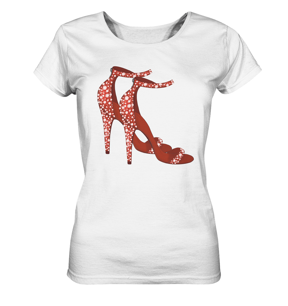 Damen T-Shirt in weiß mit roten Absatzsandalen mit Perlen High Heels