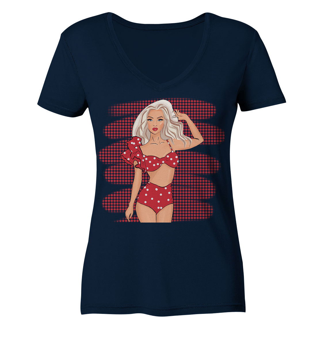 Vintage Pop Art Girl Damen V-Neck  T-Shirt RED DOTS