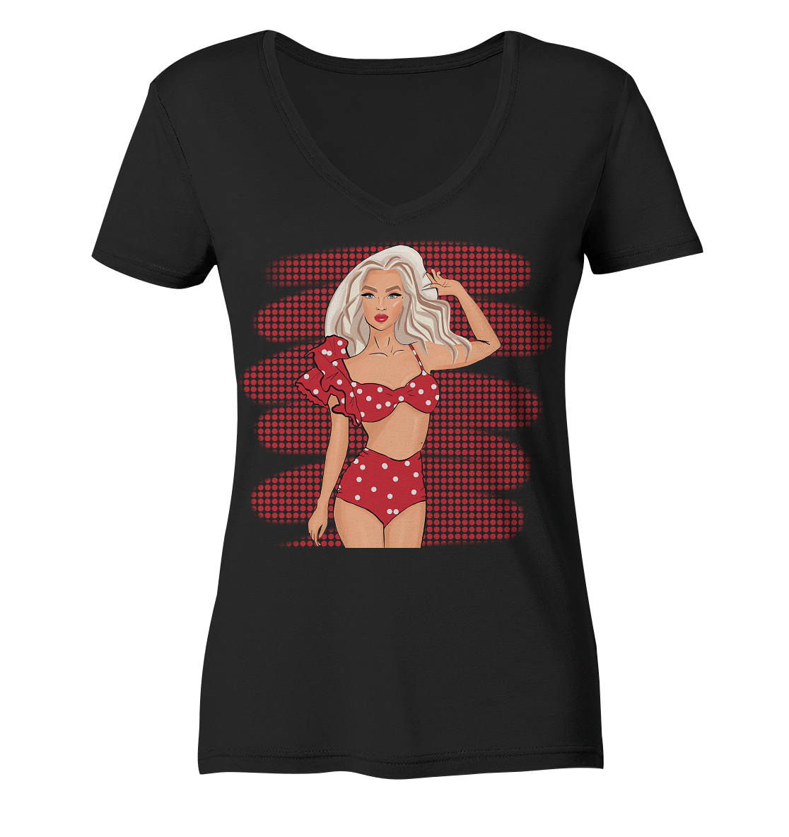 Vintage Pop Art Girl Damen V-Neck  T-Shirt in Schwarz