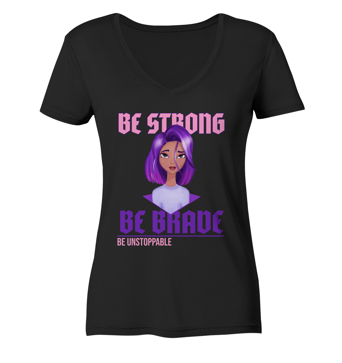 Damen V-Neck Statement T-Shirt mit lila-violett Girl Cartoon Character Sketch Bloominic
