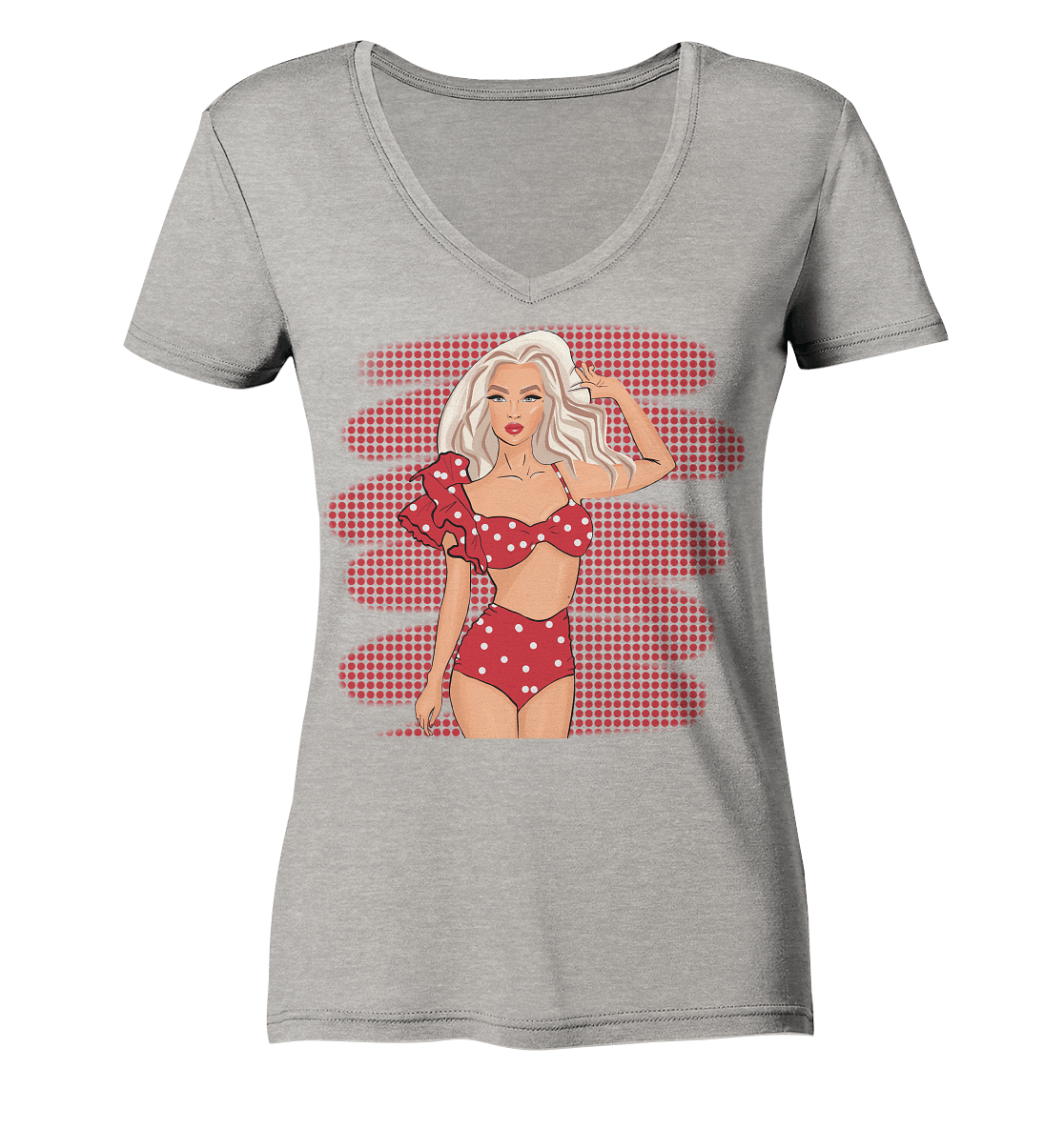 Vintage Pop Art Girl Damen V-Neck  T-Shirt Vintage Red Dots Blond Girl Bloominic