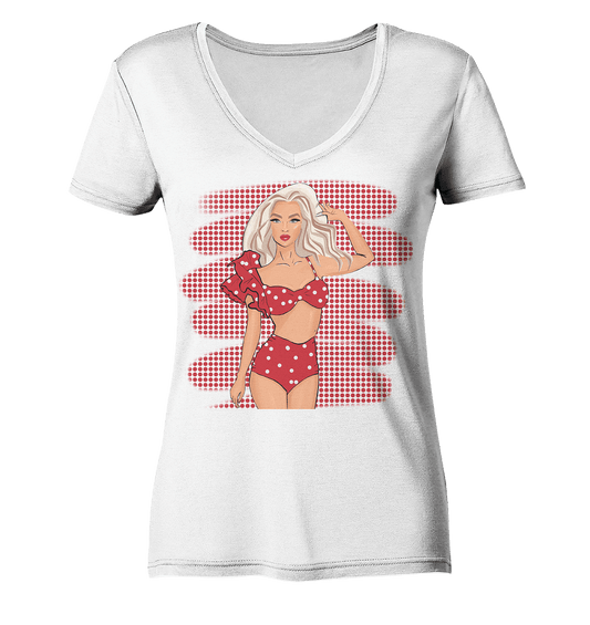 Vintage Pop Art Girl Damen V-Neck  T-Shirt von Bloominic