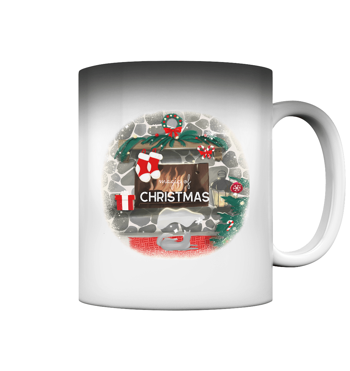 Magic Tasse mit per Hand gezeichnete weihnachtliche Illustration mit ausgearbeiteten Details und der Beschriftung magic of Christmas. 