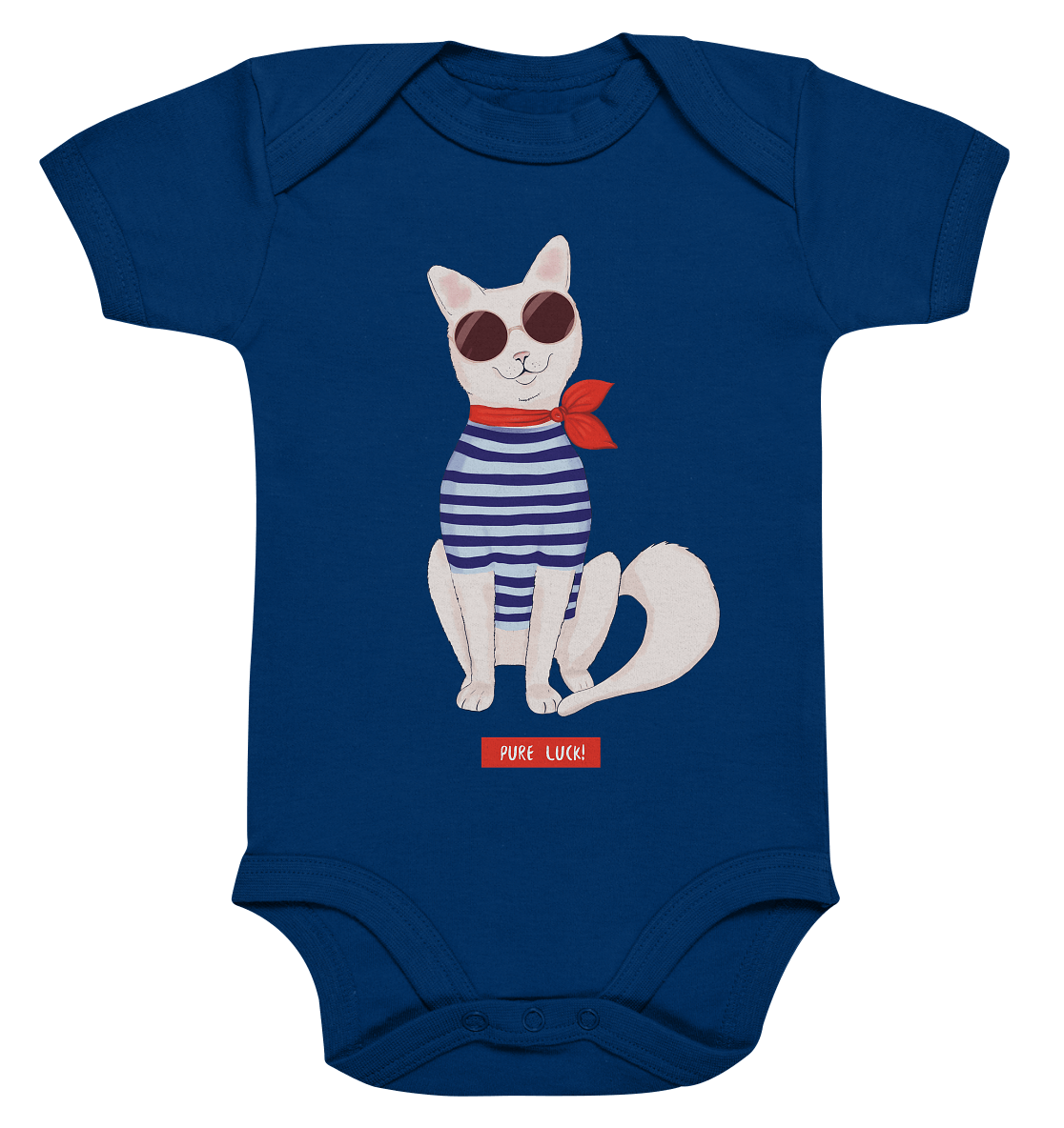 Katze Cartoon Cat Strampler in royal blau mit maritime Katzen von Bloominic