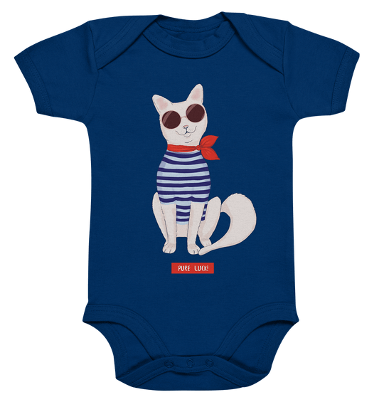 Katze Cartoon Cat Strampler in royal blau mit maritime Katzen von Bloominic