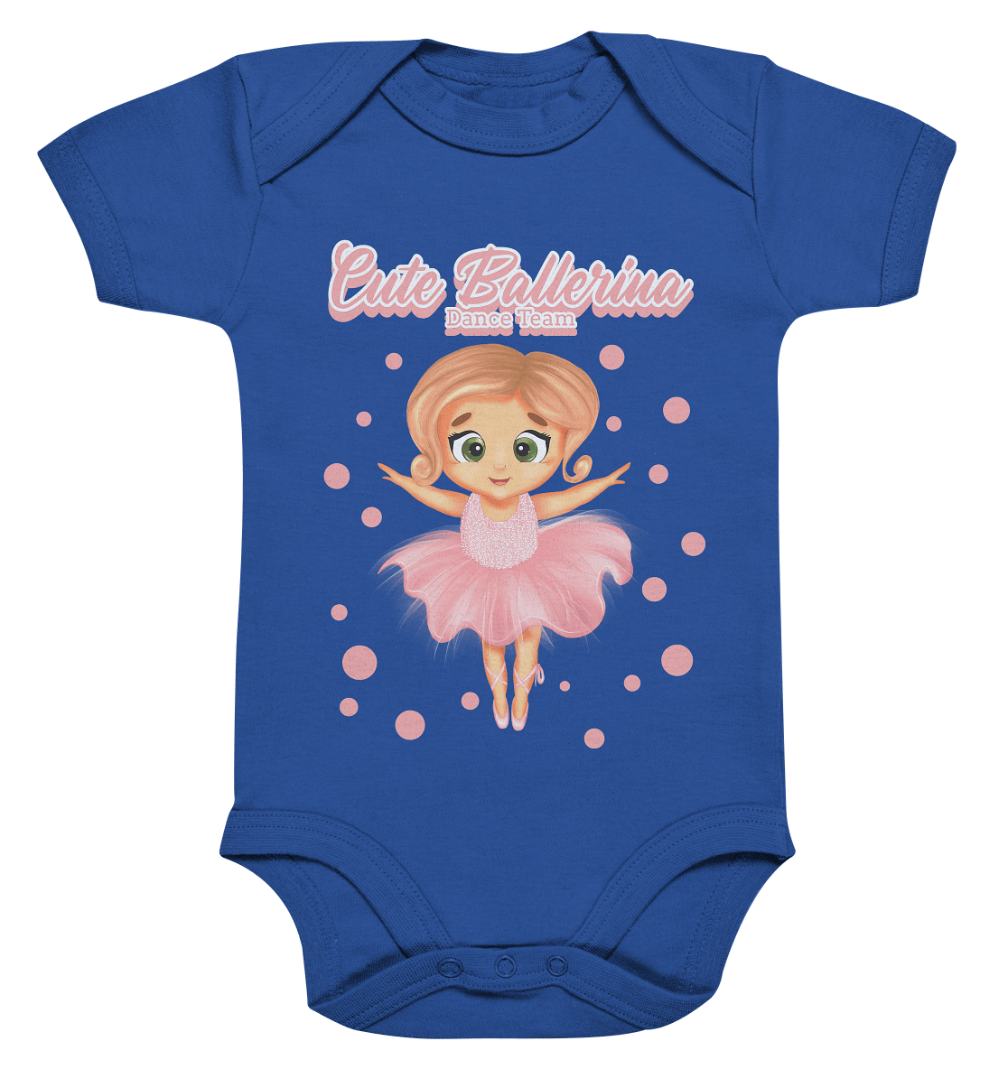 Baby Body in blau mit handgezeichneten Ballerina Cartoon.