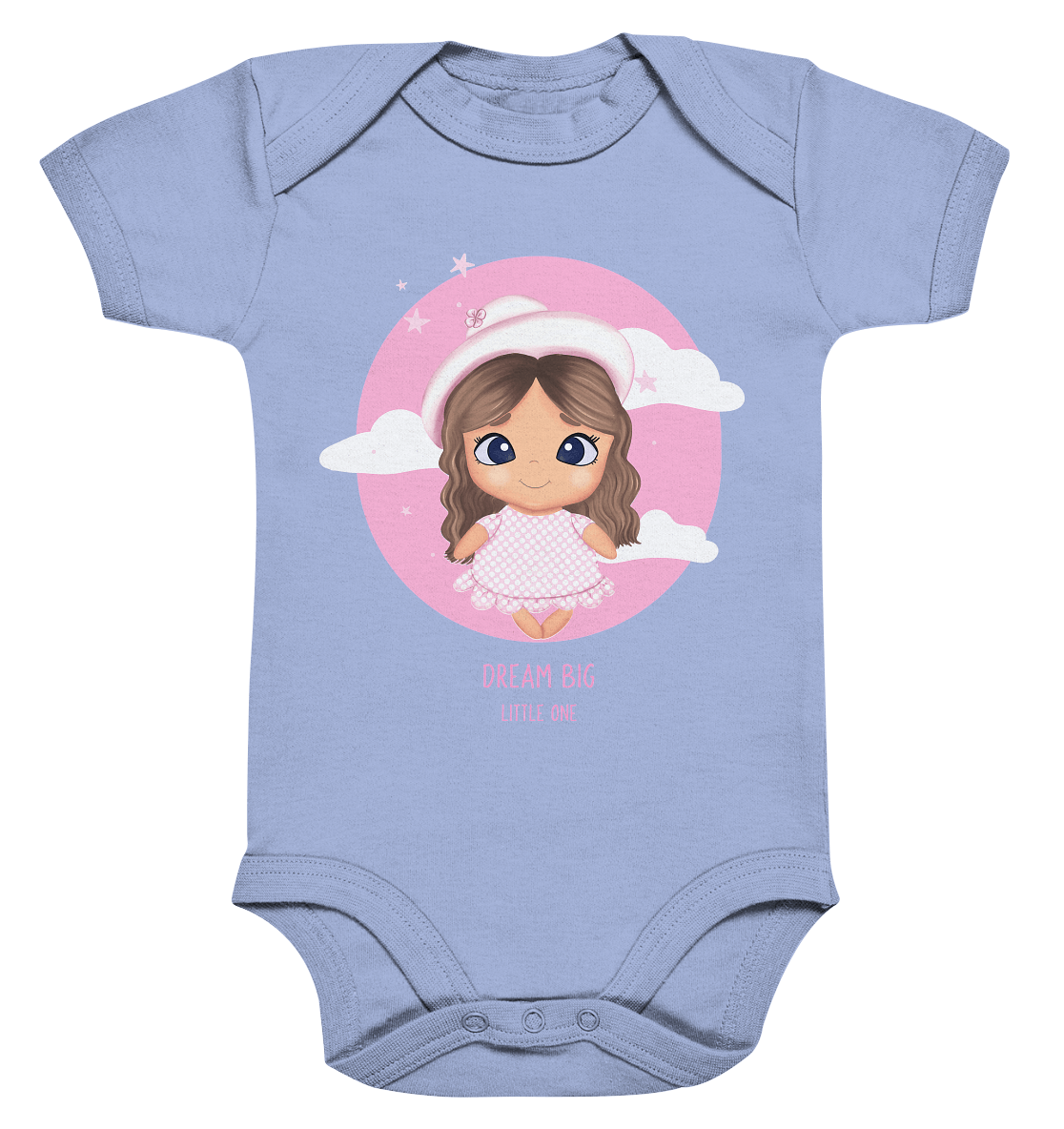 Cartoon Baby Strampler Dusty blau Dream Big little one mit kleinem Mädchen Print von BLOOMINIC