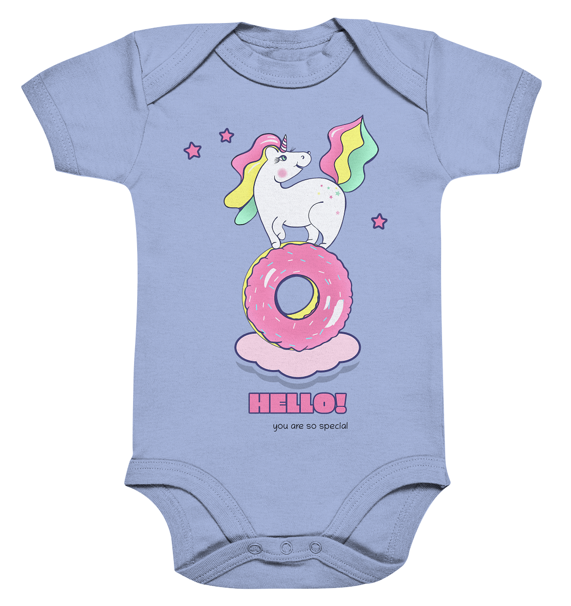 Einhorn Baby Strampler mit bunten Einhorn Unicorn Pferdchen mit Donut und Sternchen in Pink Print auf der Vorderseite