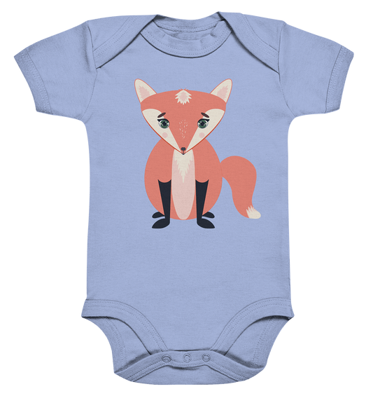 Baby Strampler in blau mit einem süßen Fuchs Design. Mit viel Liebe handgezeichnet. 