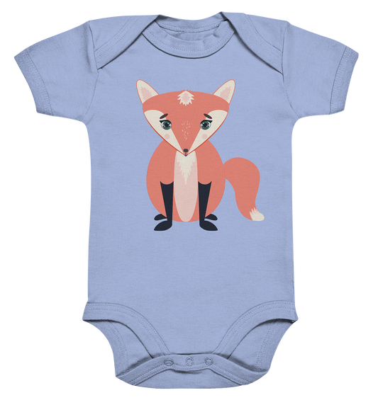 Baby Strampler in blau mit einem süßen Fuchs Design. Mit viel Liebe handgezeichnet.