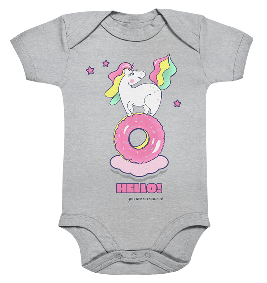 Einhorn Baby Strampler in grau mit bunten Einhorn mit Donut Print