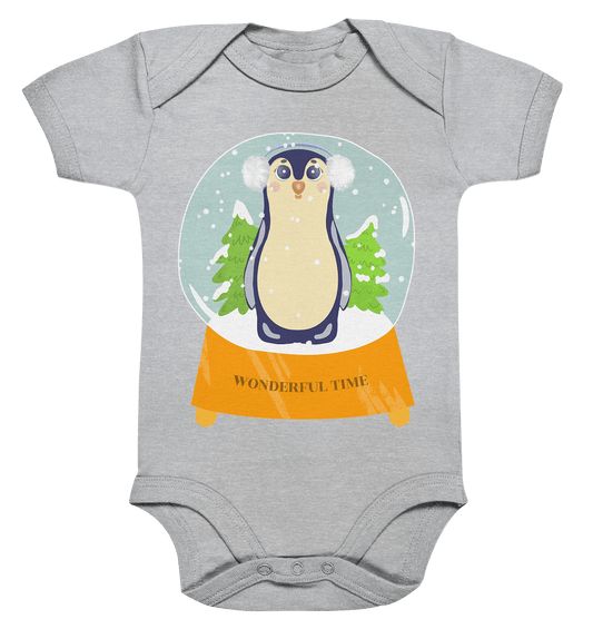 Pinguin Baby Strampler Hug me I am cold in grau mit Pinguin Cartoon Print 