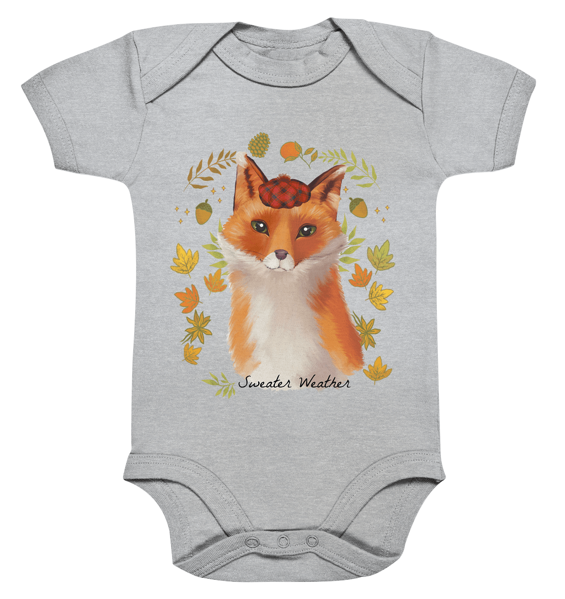 Fuchs im Herbst Baby Strampler in grau mit kleinem Fuchs mit Herbs Motiv Print von BLOOMINIC