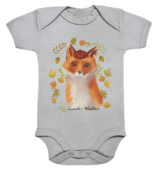 Fuchs im Herbst Baby Strampler in grau mit kleinem Fuchs mit Herbs Motiv Print von BLOOMINIC