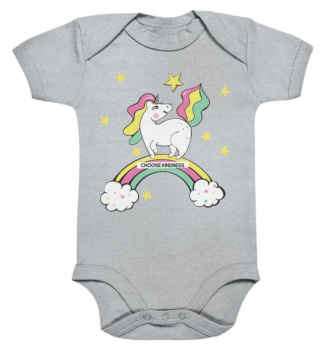 hübches Baby Body mit handgezeichneten unicorn Einhorn Pferdchen auf dem Regenbogen mit Sternchen in grau