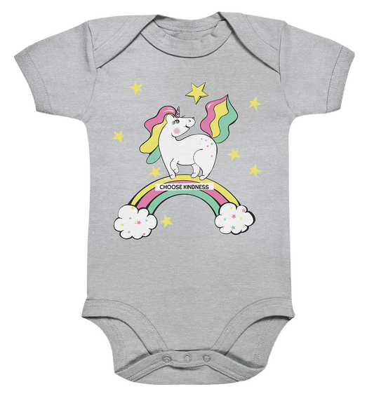 hübches Baby Body mit handgezeichneten unicorn Einhorn Pferdchen auf dem Regenbogen mit Sternchen in grau