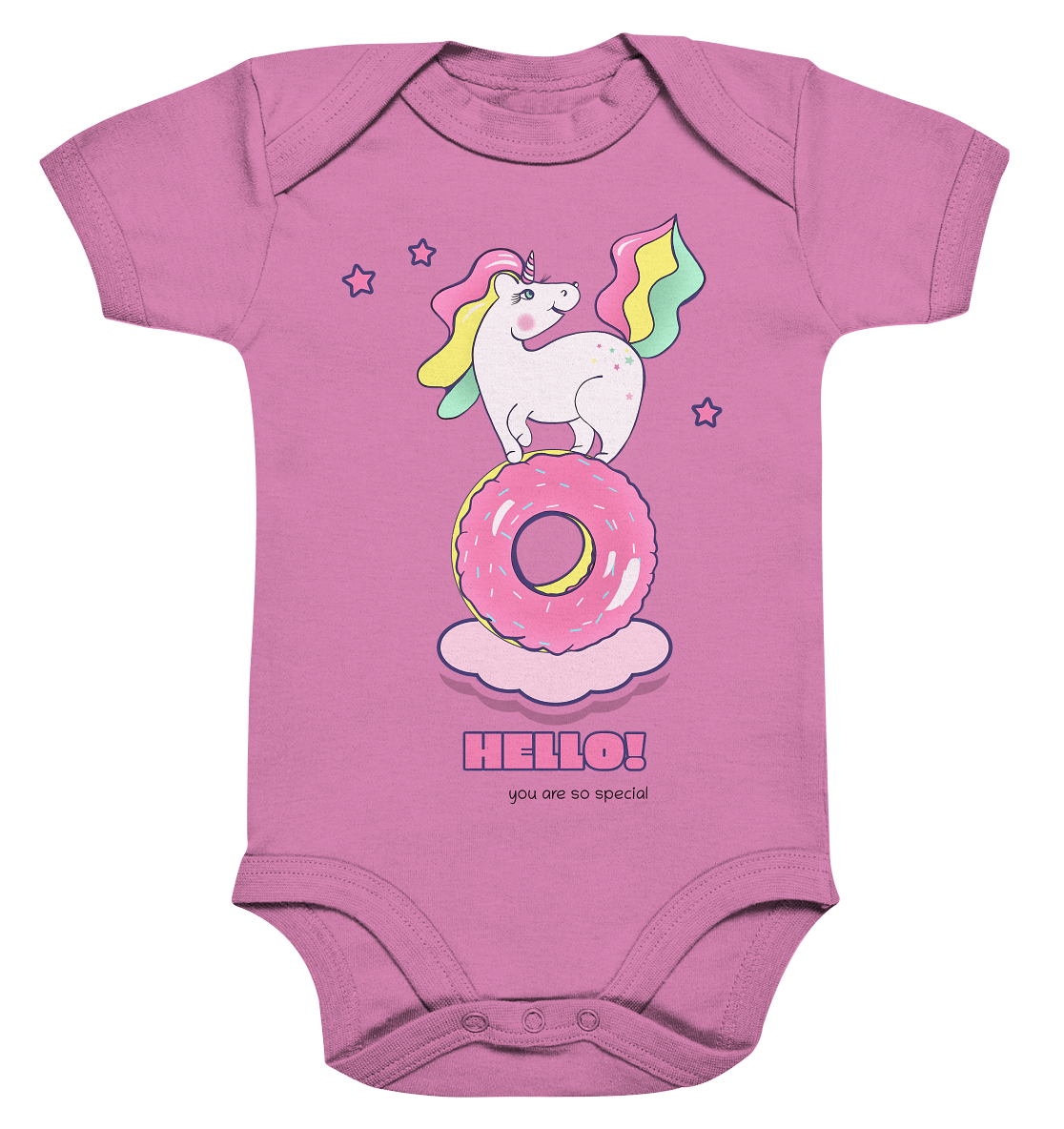 Einhorn Baby Strampler in raspberry mit bunten Einhorn Unicorn auf Donut Front Print von BLOOMINIC