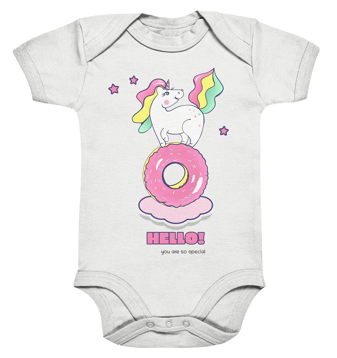 Einhorn Baby Strampler in weiß mit bunten kleinen Einhorn mit rosa Donut Front Print von BLOOMINIC