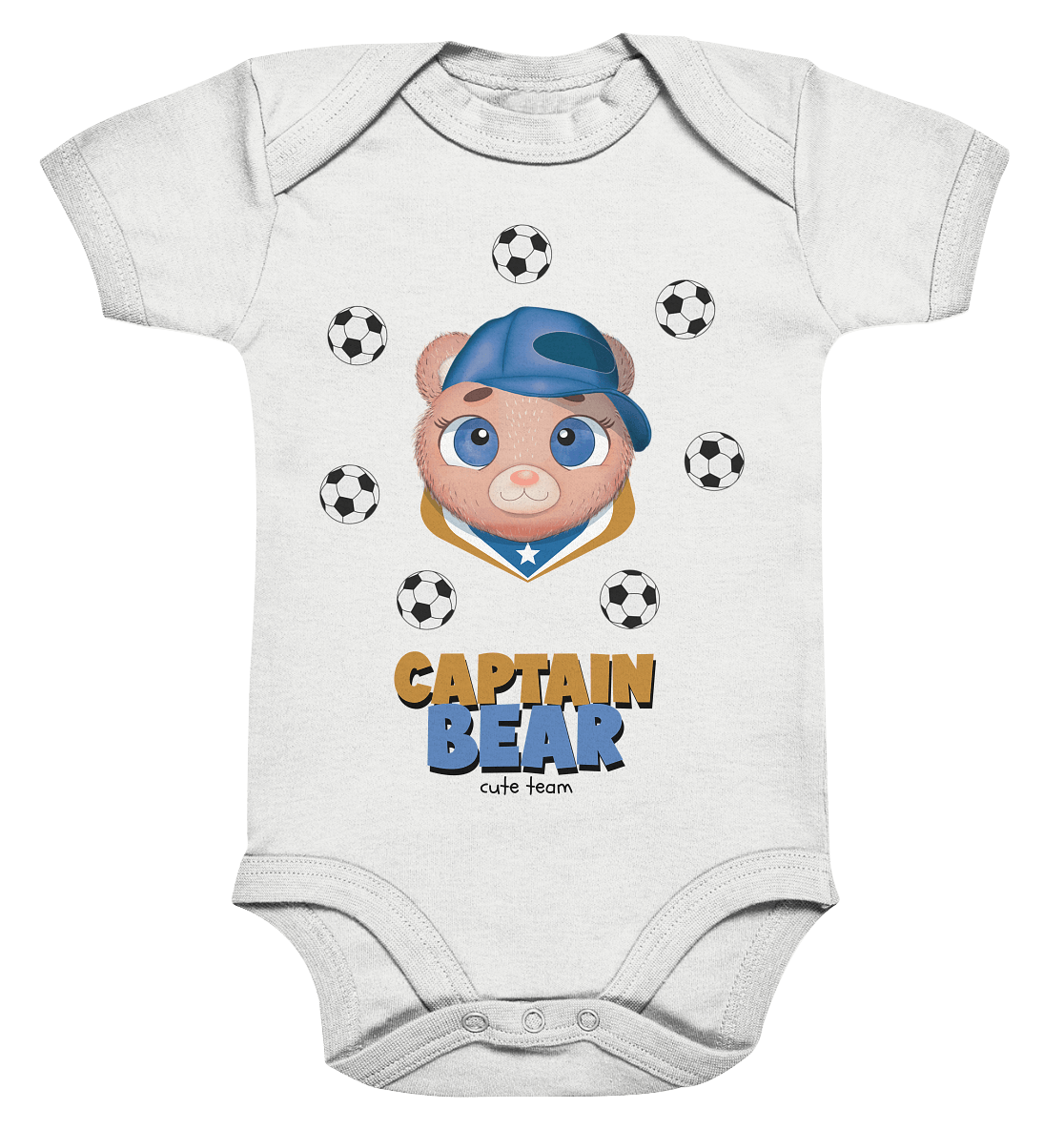 Baby Bär mit Fußball Strampler in weiß mit niedlichnen kleinen Baby Bär Print