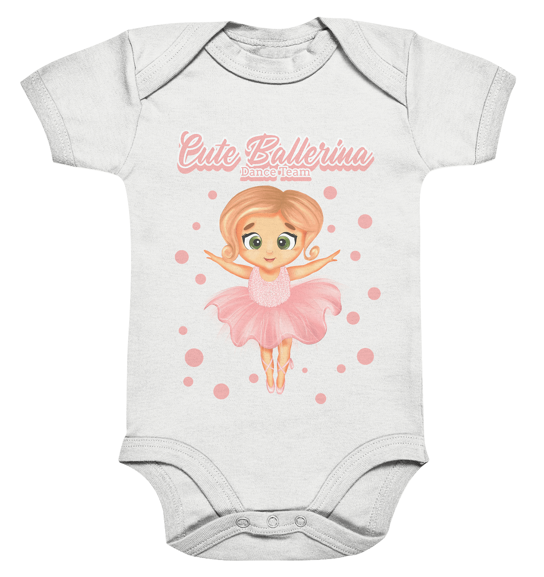 Baby Body in weiß mit handgezeichneten Ballerina Cartoon.