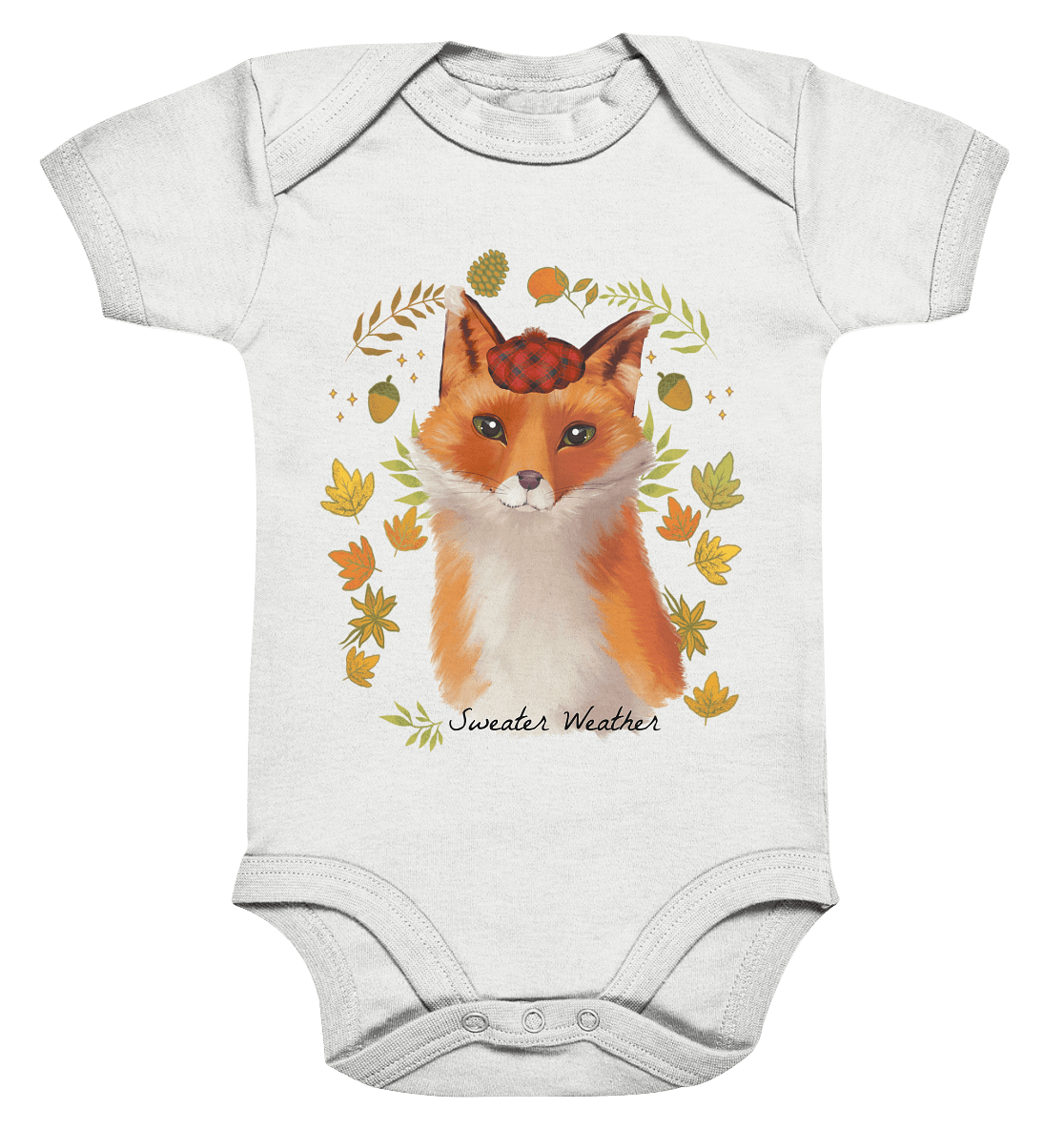 Fuchs im Herbst Baby Strampler in weiß mit kleinem Fuchs Motiv  Sweater Weather von BLOOMINIC