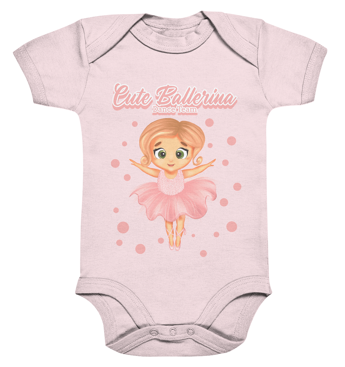 Baby Body in rosa powder pink mit handgezeichneten Ballerina Cartoon.