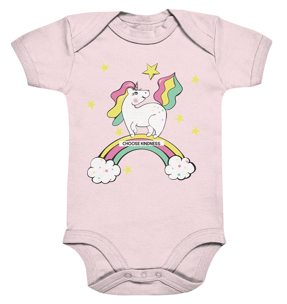 hübches Baby Body mit handgezeichneten unicorn Design in rosa Einhorn auf dem Regenbogen