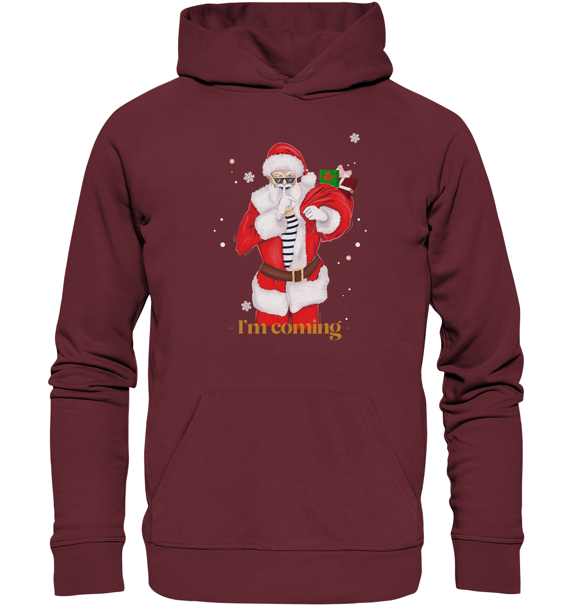 Weihnachtspullover mit Weihnachtsmann in weinrot