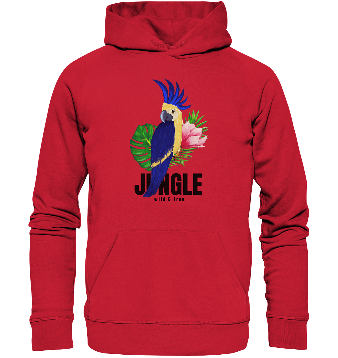 blaue Papagei Hoodie in Rot Jungle