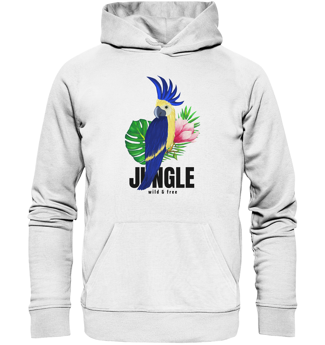 blaue Papagei Hoodie in weiß mit Jungle Blumenmuster Print von Bloominic