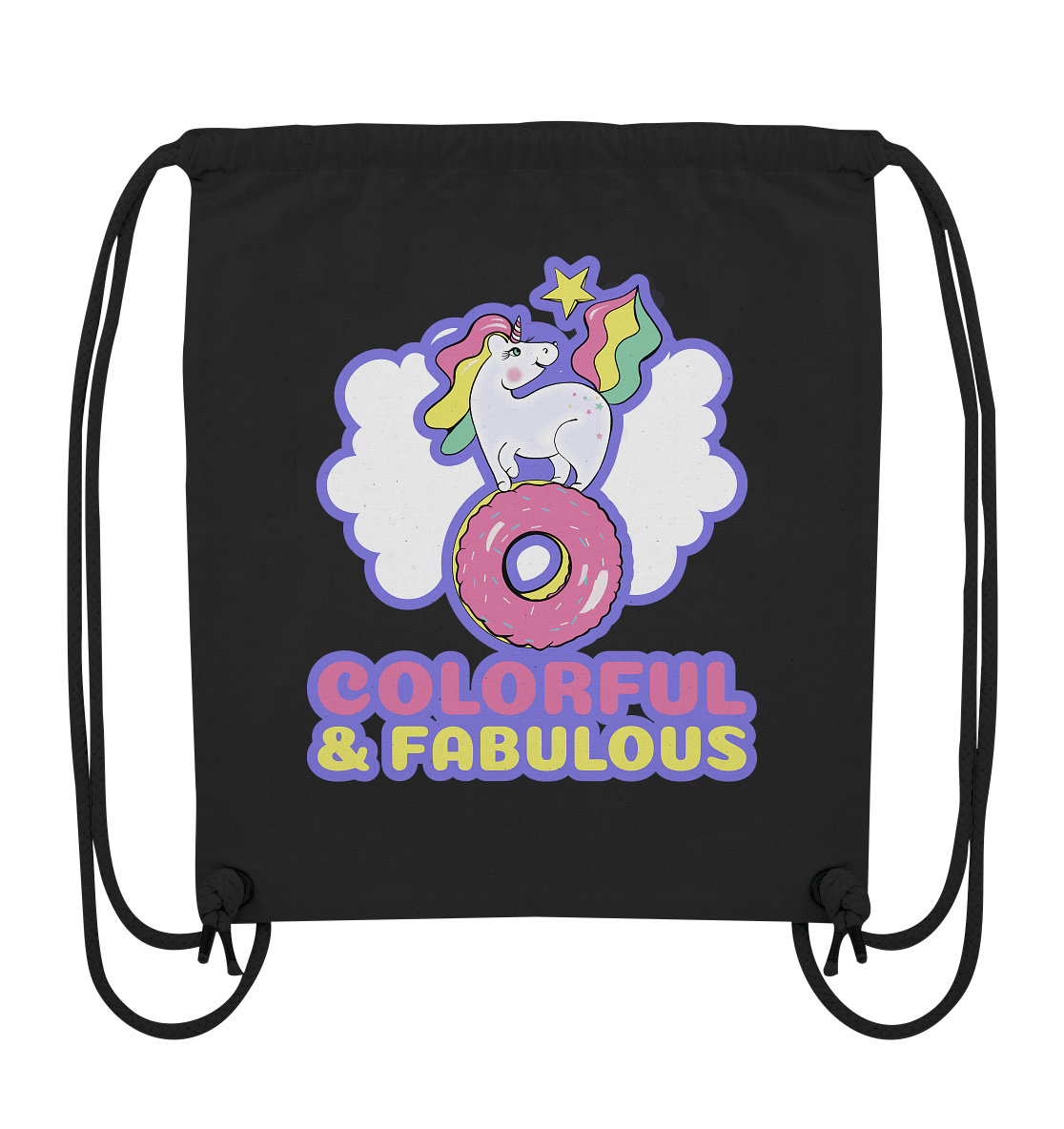 Einhorn Rucksack Gym-Bag in schwarz mit bunten Einhorn Colorful & Fabulous Print BLOOMINIC