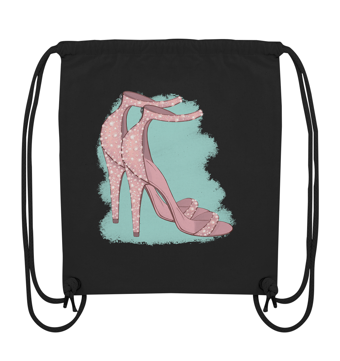 Turnbeutel mit einem handgezeichneten Design rosa Absatzsandalen auf dem mint Hintergrund