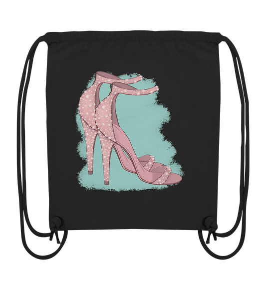 Turnbeutel mit einem handgezeichneten Design rosa Absatzsandalen auf dem mint Hintergrund