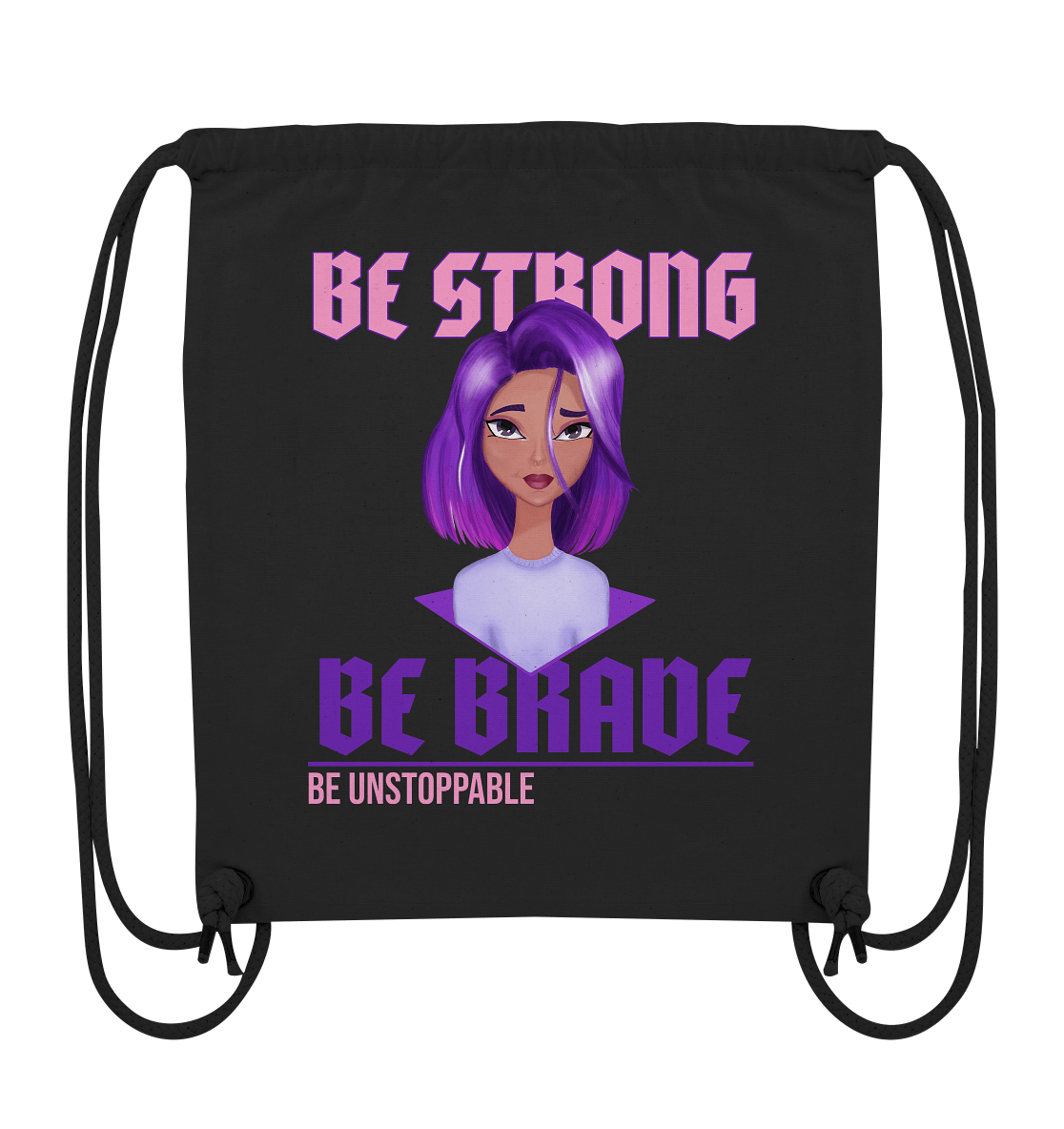 Rucksack in schwarz mit lila Cartoon "be strong be brave be unstoppable."