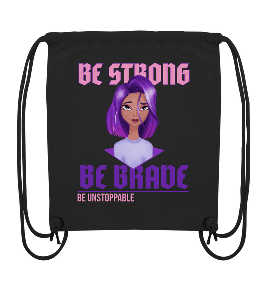 Rucksack in schwarz mit lila Cartoon "be strong be brave be unstoppable."