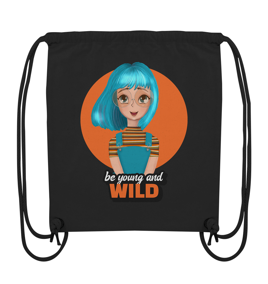 Turnbeutel Cartoon Design mit trendigen türkisfarbenen Haaren und Beschriftung "be young and wild" 