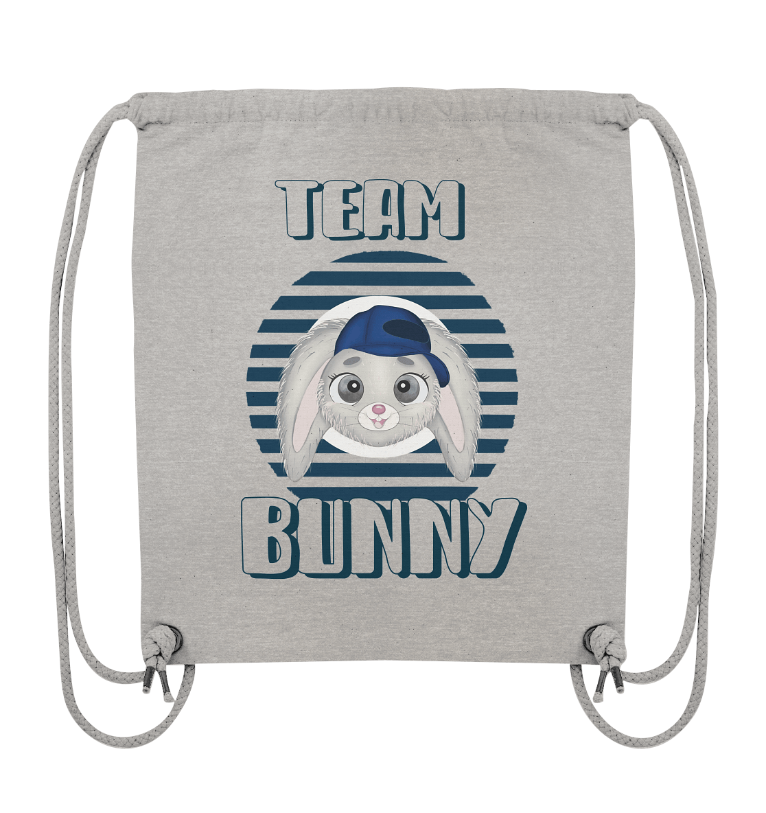 Turnbeutel mit modischen, handgezeichneten Hasen mit Baseball Cap in grau und Beschriftung "Team Bunny".