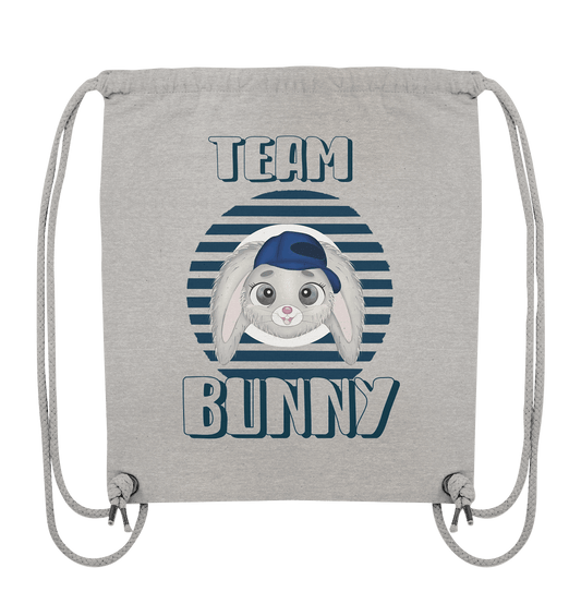 Turnbeutel mit modischen, handgezeichneten Hasen mit Baseball Cap in grau und Beschriftung "Team Bunny".