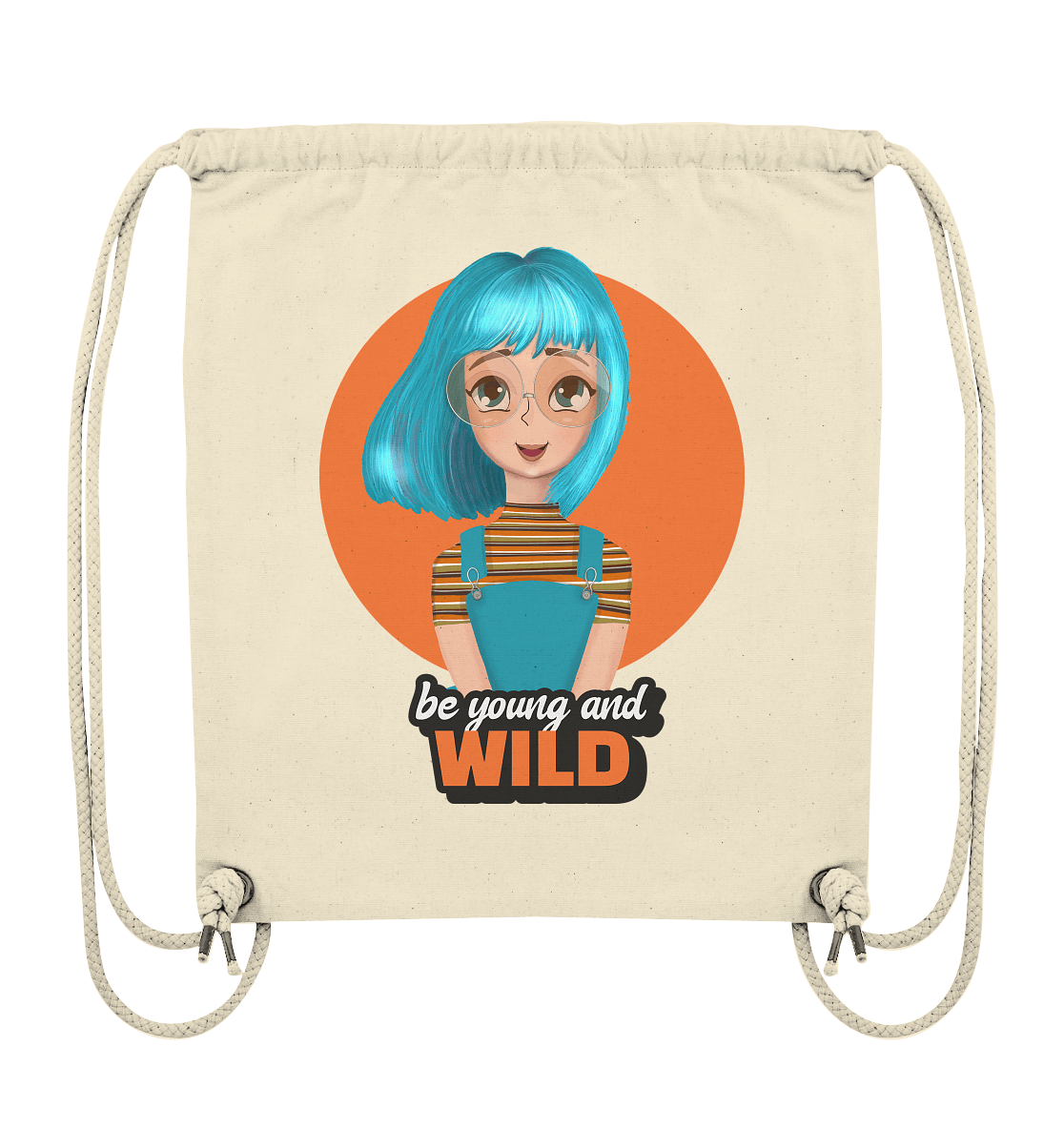 Turnbeutel Cartoon Design mit trendigen türkisfarbenen Haaren und Beschriftung "be young and wild" 