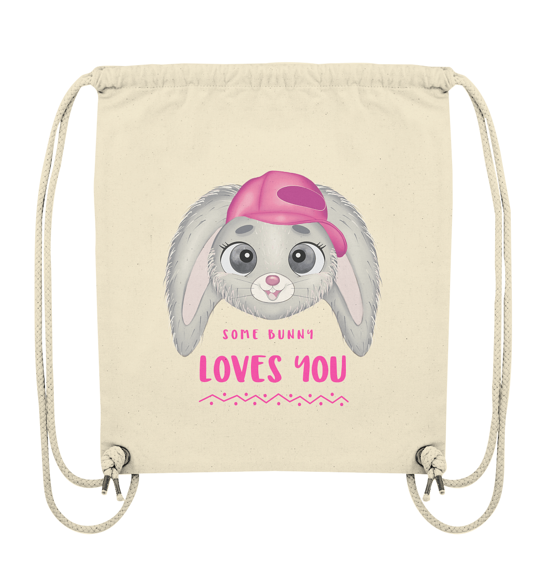 Turnbeutel mit handgezeichneten Bunny Cartoon und Beschriftung "some bunny loves you.