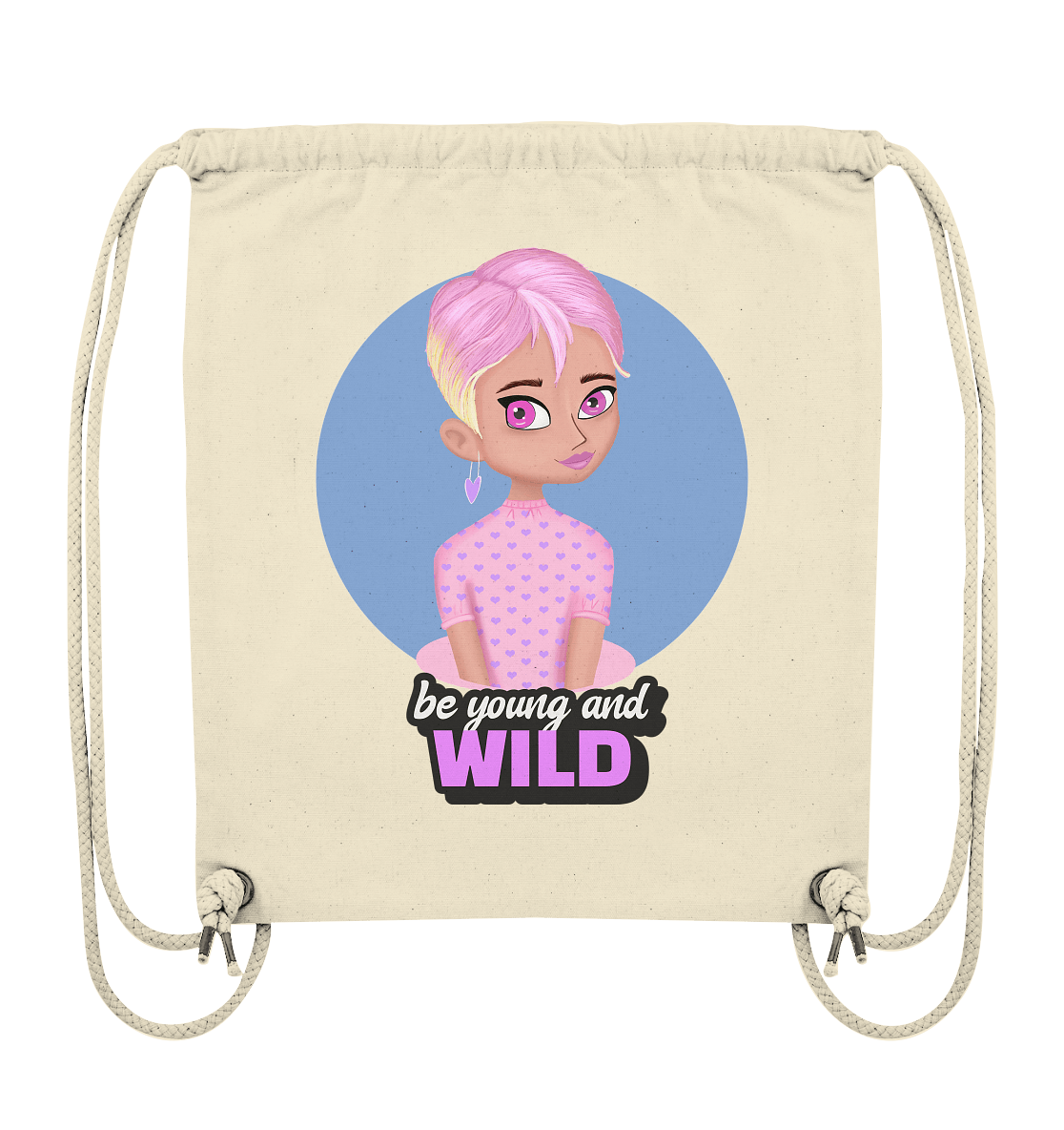 Turnbeutel Rucksack mit handgezeichneten Cartoon in rosa und Beschriftung "be young and wild." 