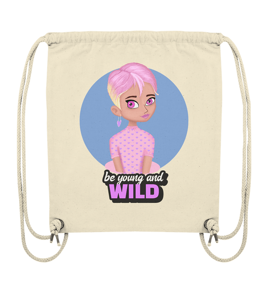 Turnbeutel Rucksack mit handgezeichneten Cartoon in rosa und Beschriftung "be young and wild."